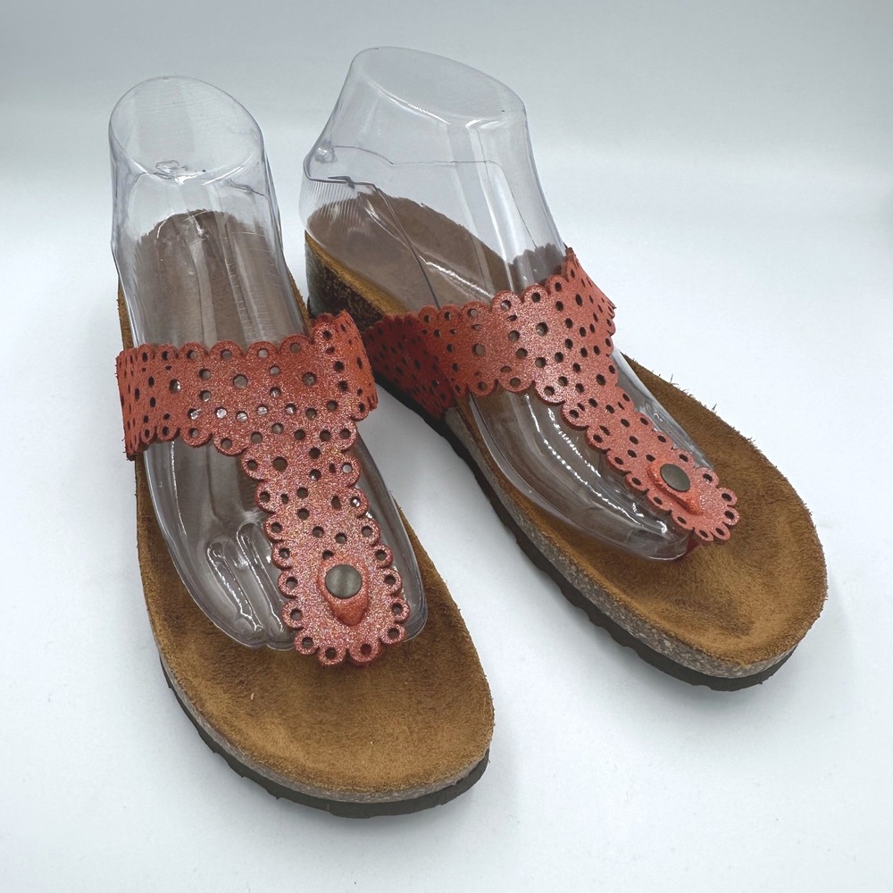 Sophia‎ Milano Brina Italy Women 7.5 Coral Leather Laser Cut Cork Wedge Sandal